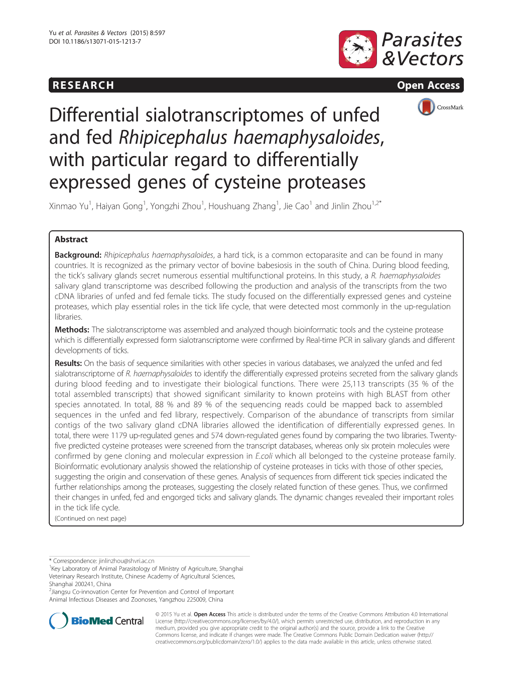 Differential Sialotranscriptomes of Unfed and Fed Rhipicephalus Haemaphysaloides, with Particular Regard to Differentially Expre