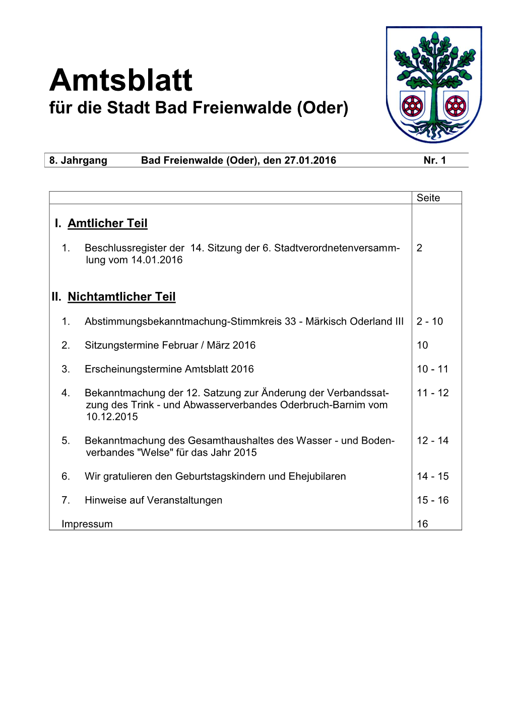 Amtsblatt Für Die Stadt Bad Freienwalde (Oder)