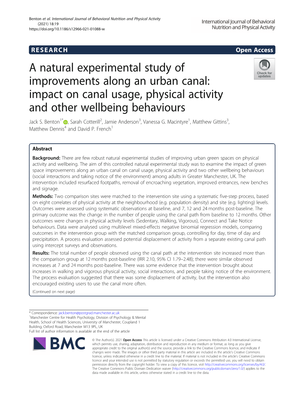 A Natural Experimental Study of Improvements Along an Urban Canal: Impact on Canal Usage, Physical Activity and Other Wellbeing Behaviours Jack S