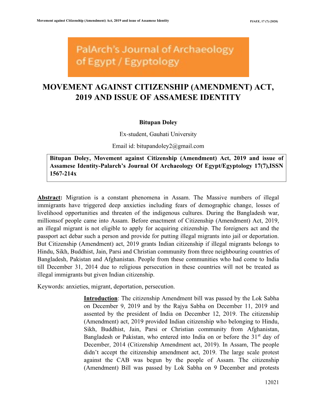 Movement Against Citizenship (Amendment) Act, 2019 and Issue of Assamese Identity PJAEE, 17 (7) (2020)