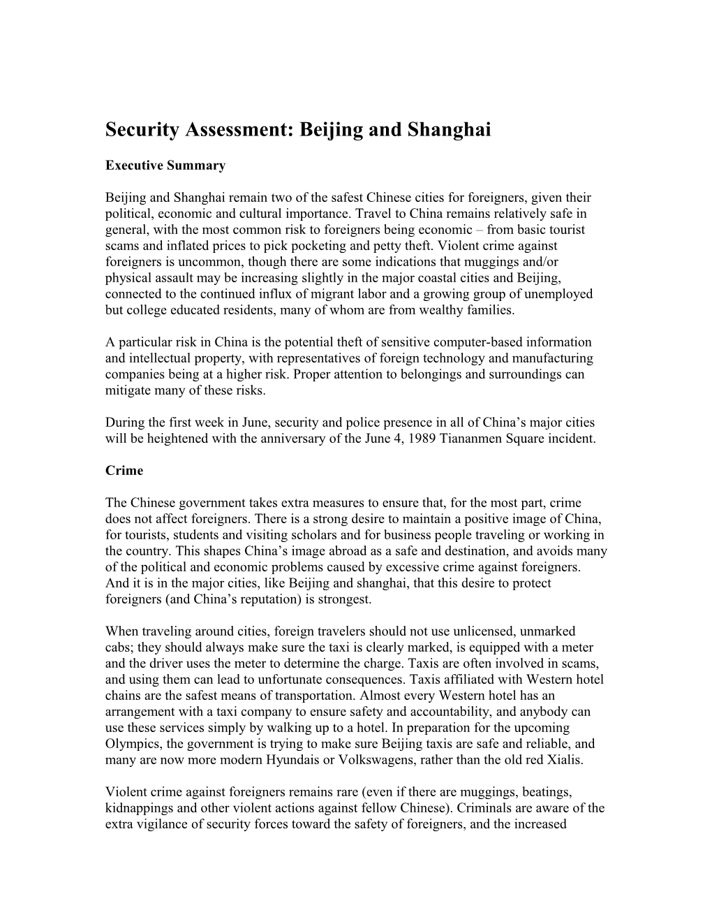 Security Assessment: Beijing and Shanghai