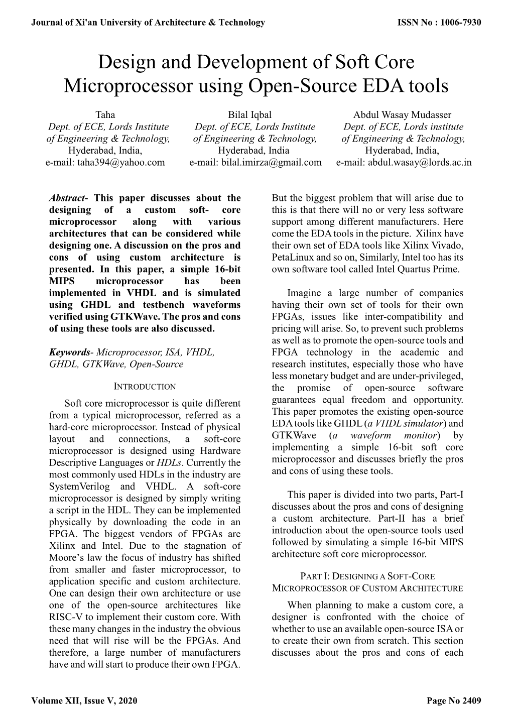 Design and Development of Soft Core Microprocessor Using Open-Source EDA Tools