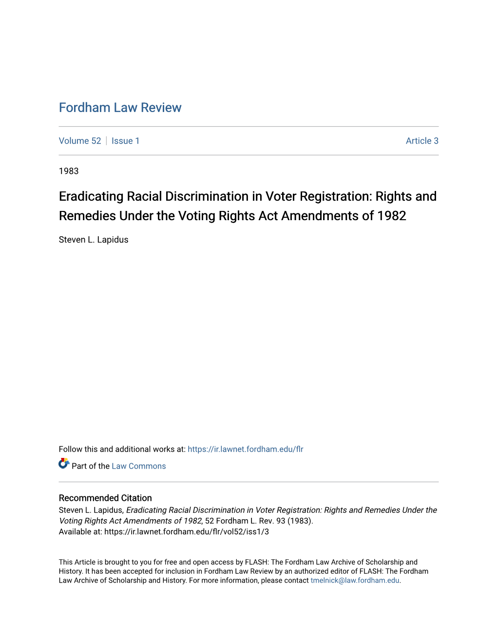 Eradicating Racial Discrimination in Voter Registration: Rights and Remedies Under the Voting Rights Act Amendments of 1982