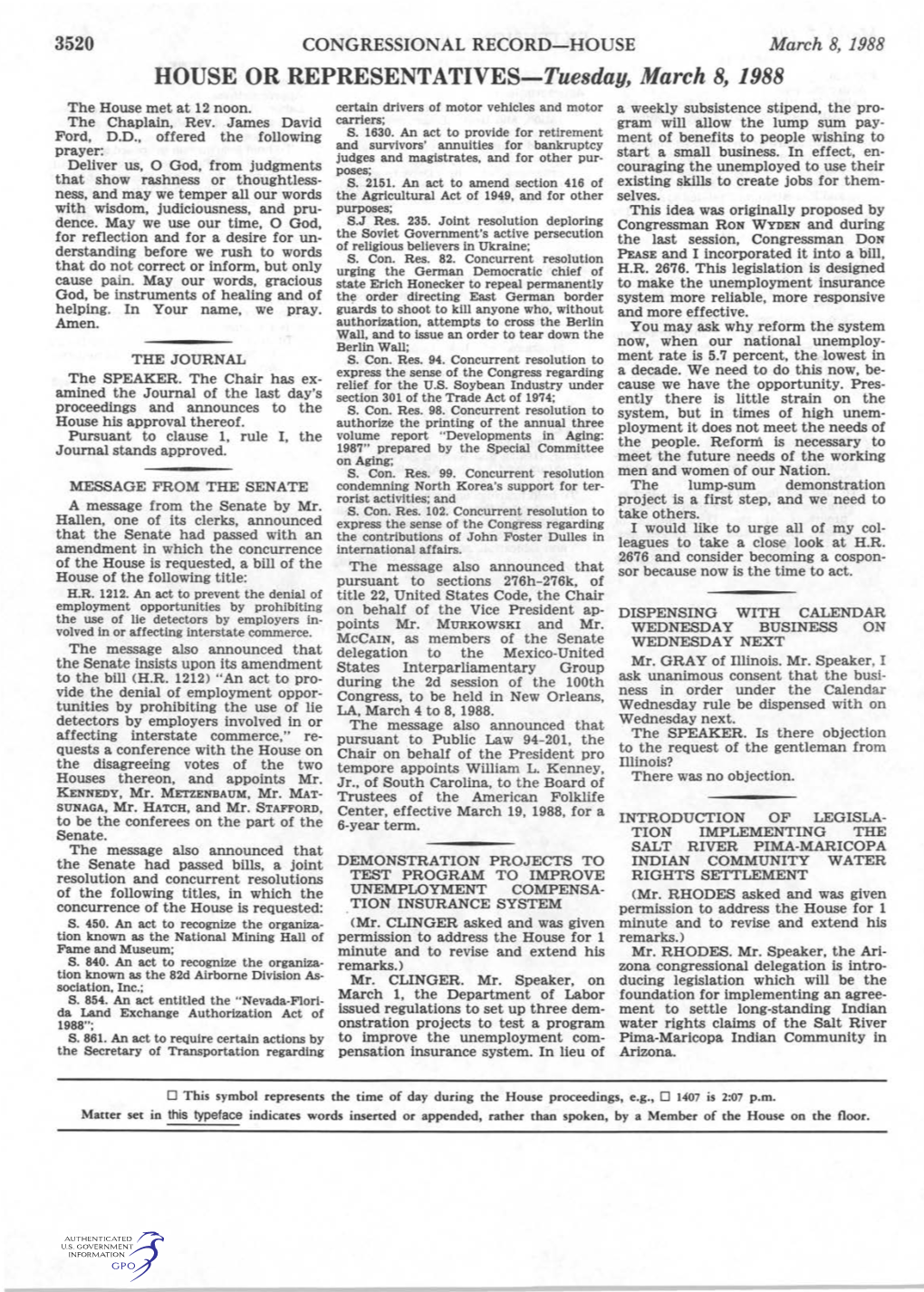 HOUSE OR REPRESENTATIVES-Tuesday, March 8, 1988 the House Met at 12 Noon