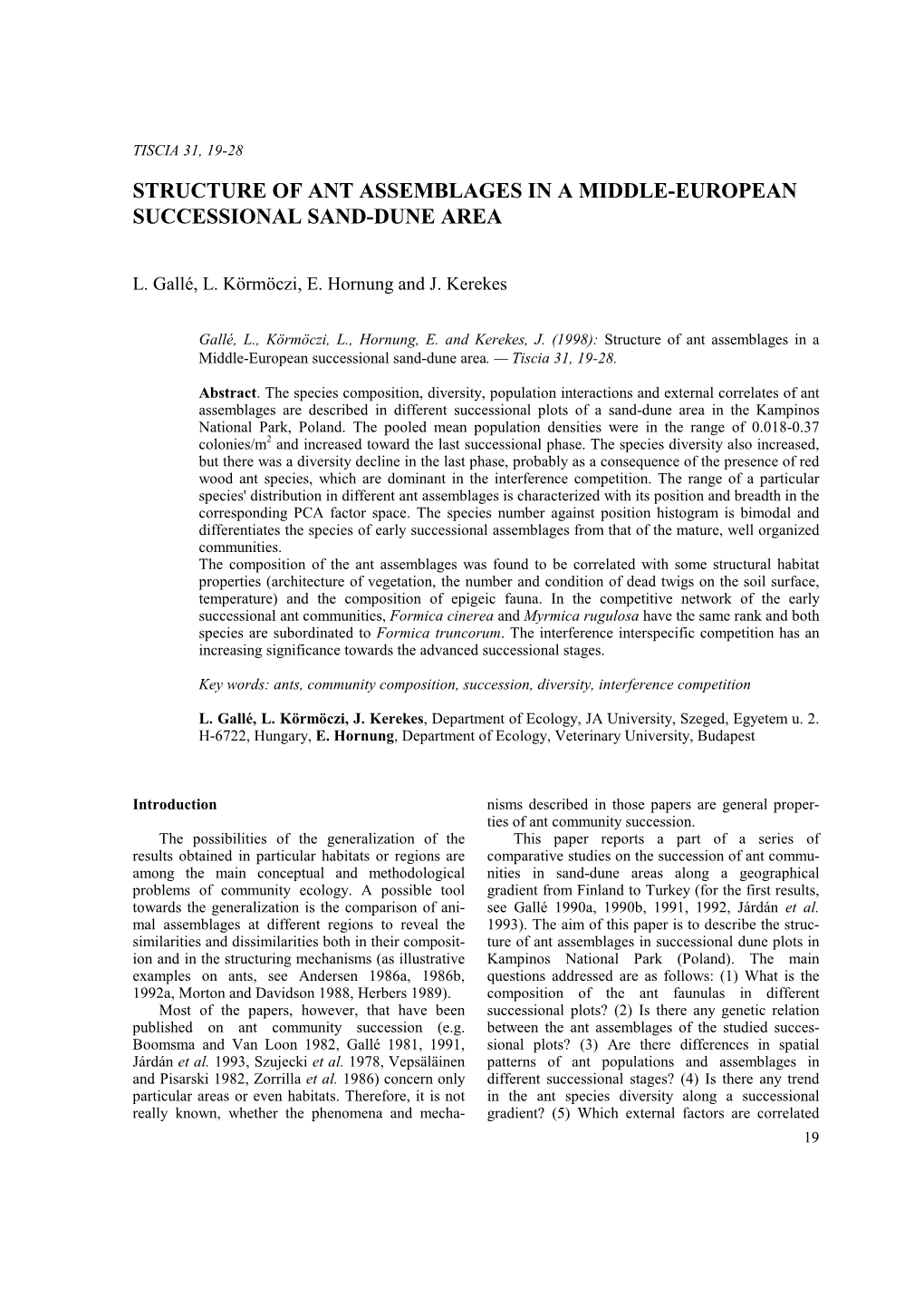 Structure of Ant Assemblages in a Middle-European Successional Sand-Dune Area