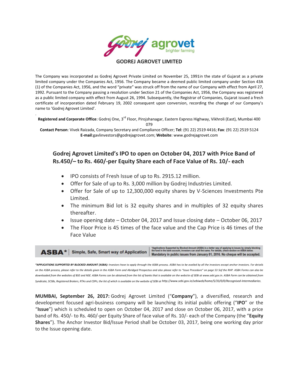 Godrej Agrovet Limited's IPO to Open on October 04, 2017 with Price