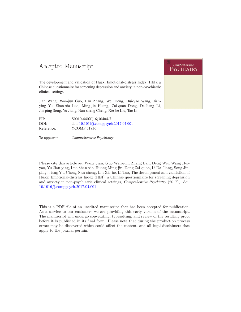 The Development and Validation of Huaxi Emotional-Distress Index (HEI): a Chinese Questionnaire for Screening Depression And