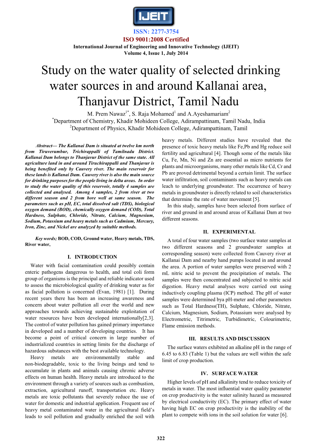Study on the Water Quality of Selected Drinking Water Sources in and Around Kallanai Area, Thanjavur District, Tamil Nadu M