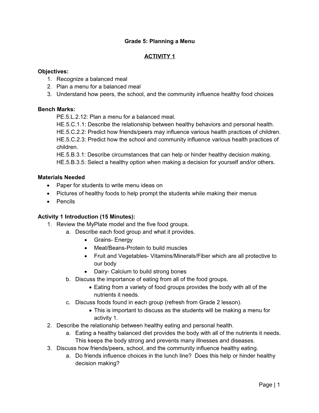 Grade 5: Planning a Menu