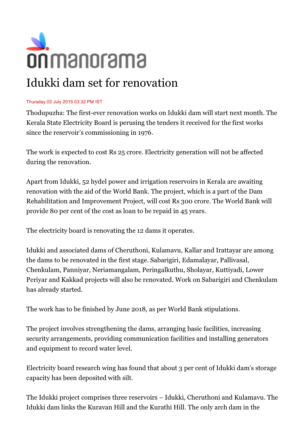 Idukki Dam Set for Renovation