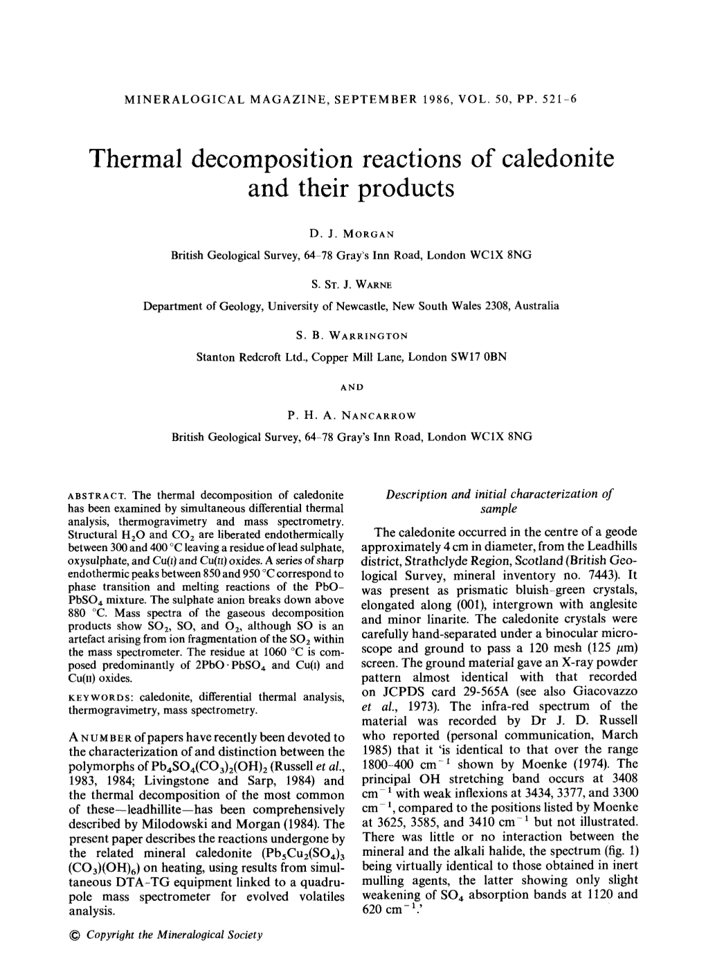 Thermal Decomposition Reactions of Caledonite and Their Products