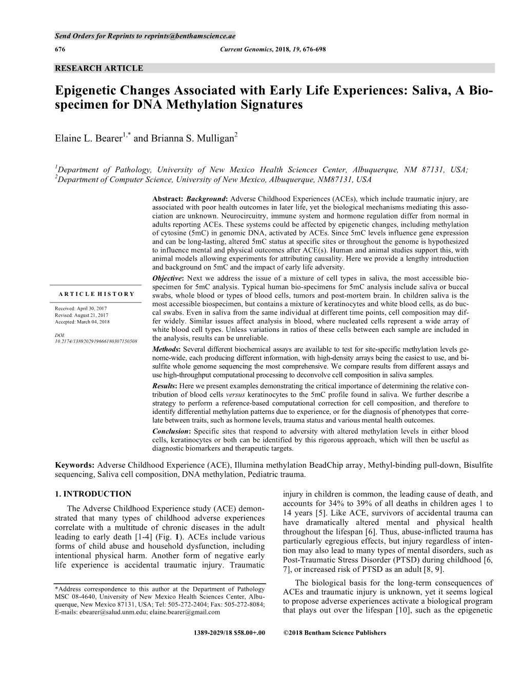 Epigenetic Changes Associated with Early Life Experiences: Saliva, a Bio- Specimen for DNA Methylation Signatures