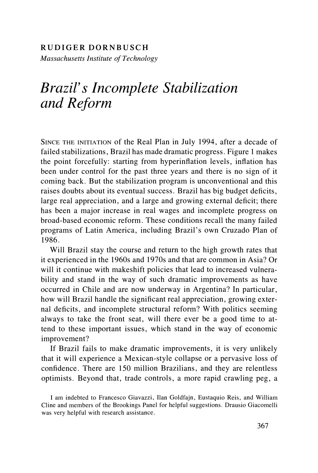 Brazil's Incomplete Stabilization and Reform