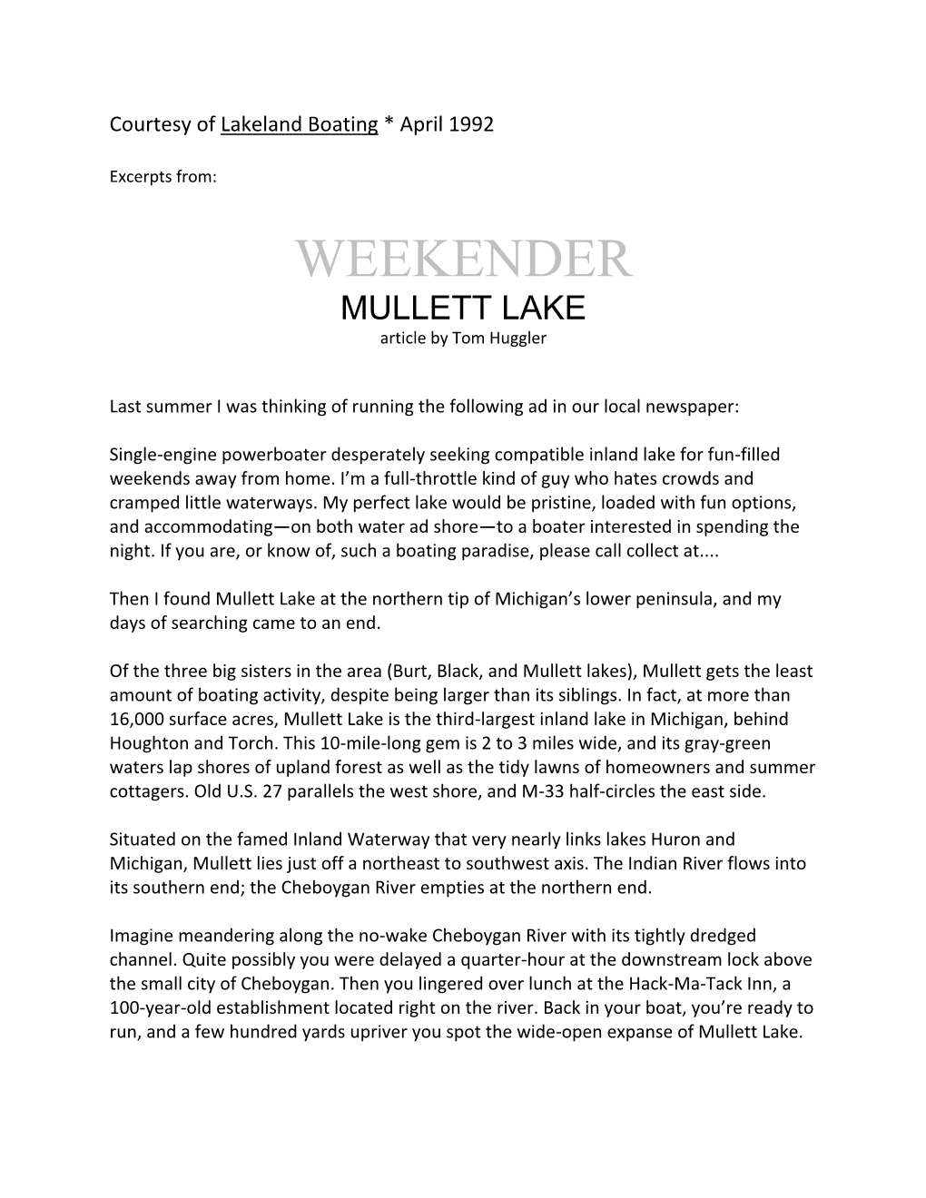 WEEKENDER: Mullett Lake