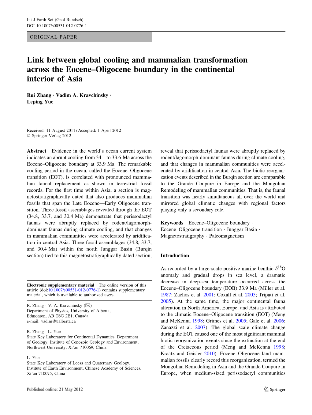 Link Between Global Cooling and Mammalian Transformation Across the Eocene–Oligocene Boundary in the Continental Interior of Asia