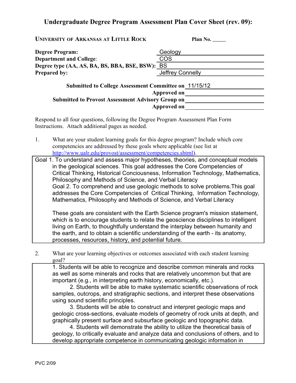 Degree Program Assessment Plan Cover Sheet (Rev s1