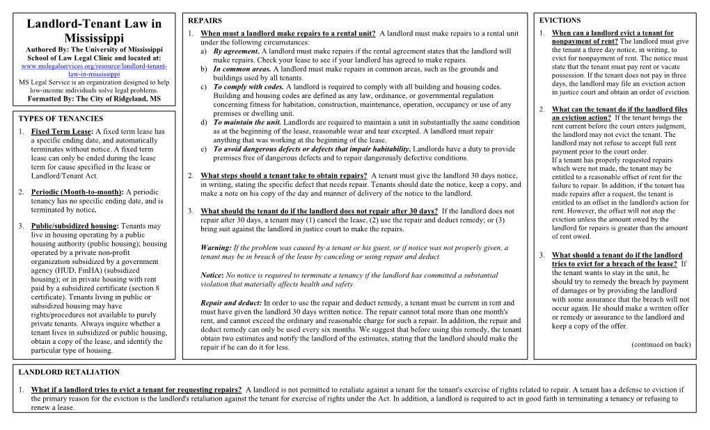 Landlord-Tenant Law in Mississippi