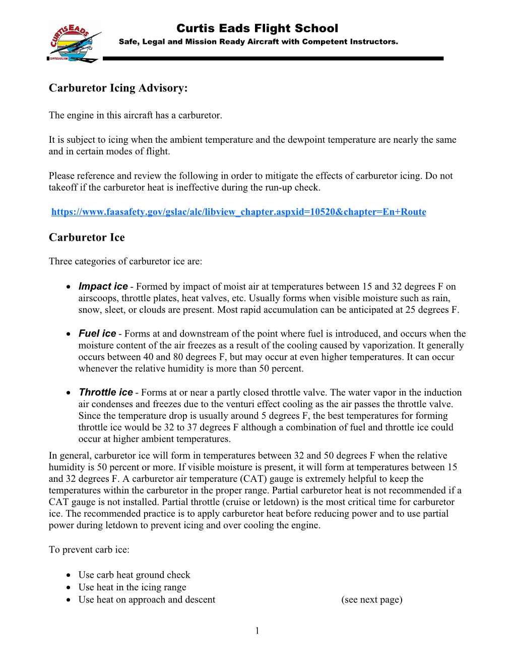 Curtis Eads Flight School Carburetor Icing Advisory: Carburetor