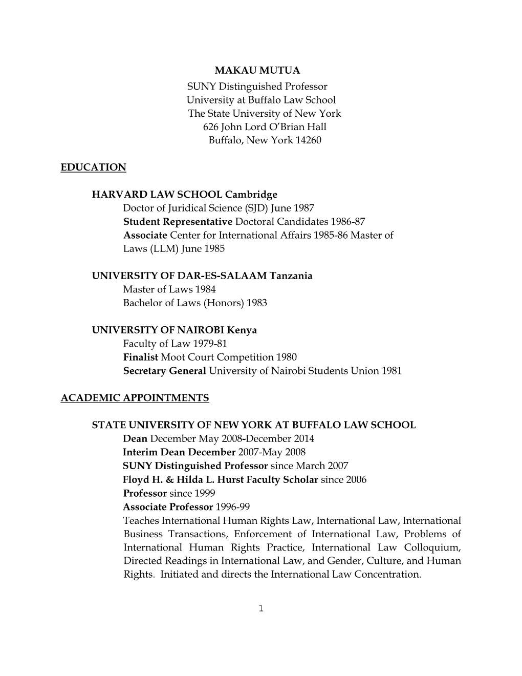 Prof Makau Mutua's CV