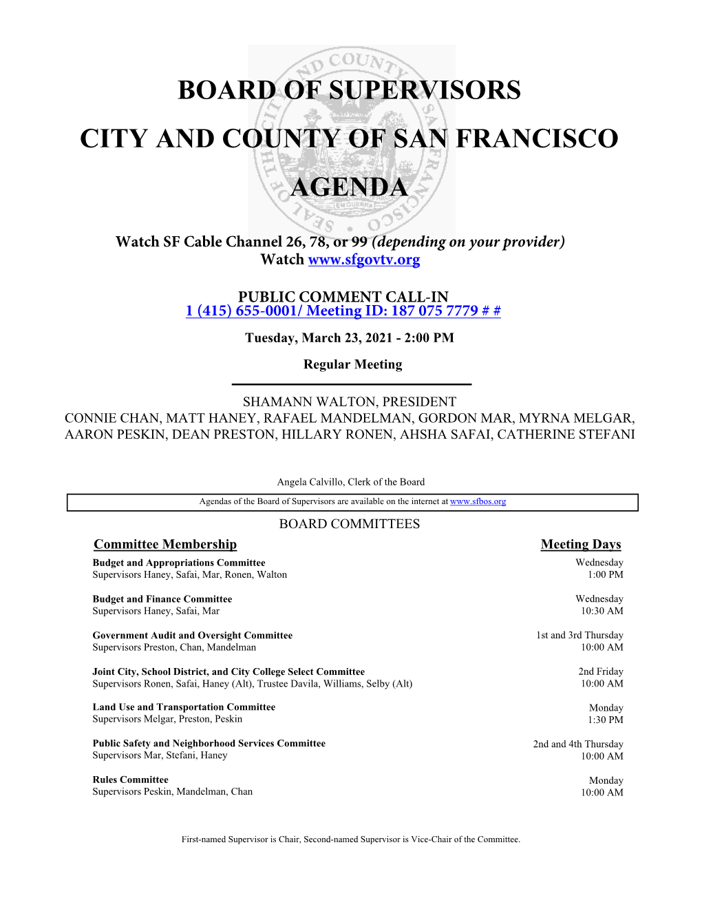 Board of Supervisors City and County of San Francisco Agenda