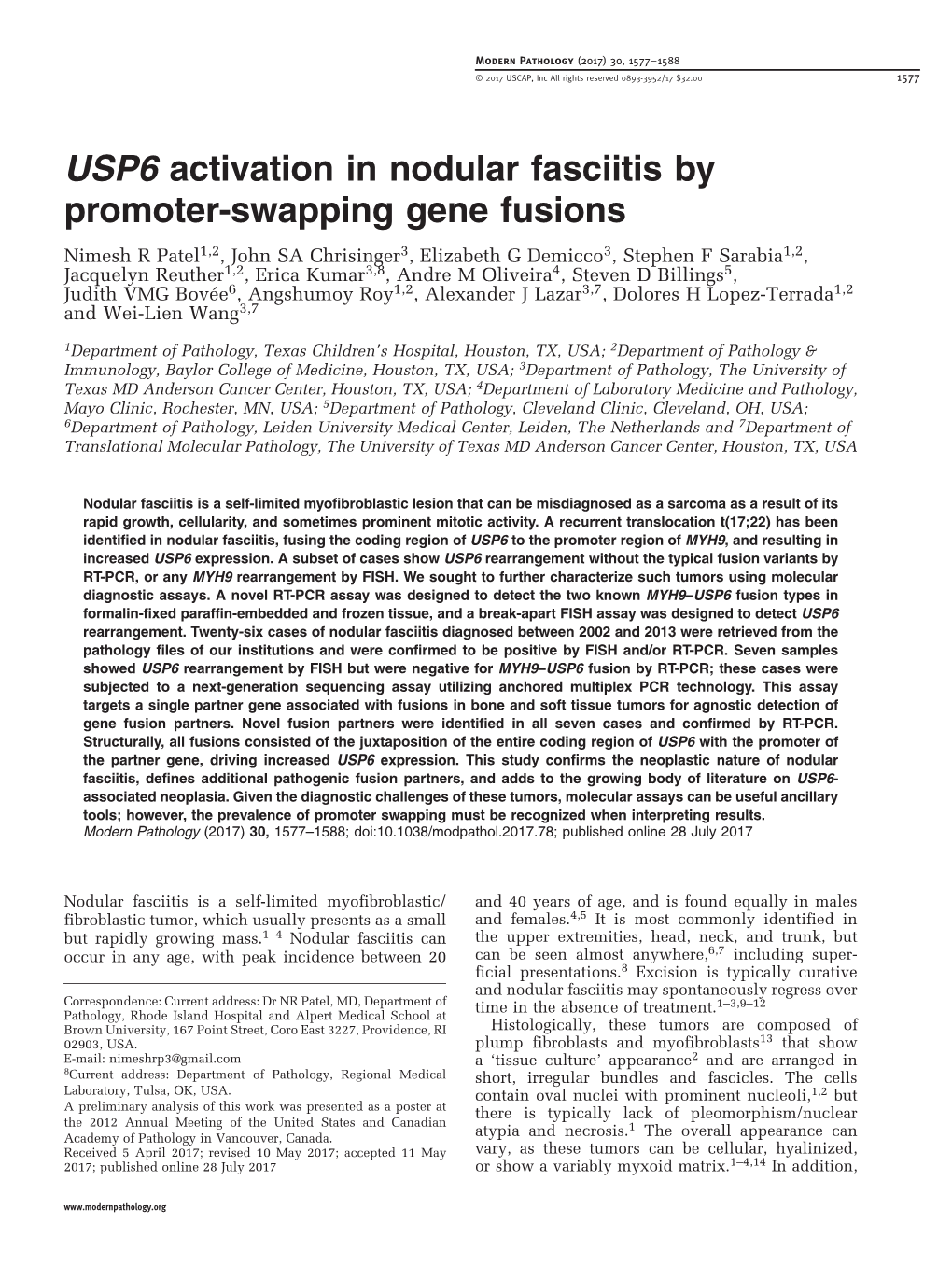 USP6 Activation in Nodular Fasciitis by Promoter-Swapping Gene Fusions