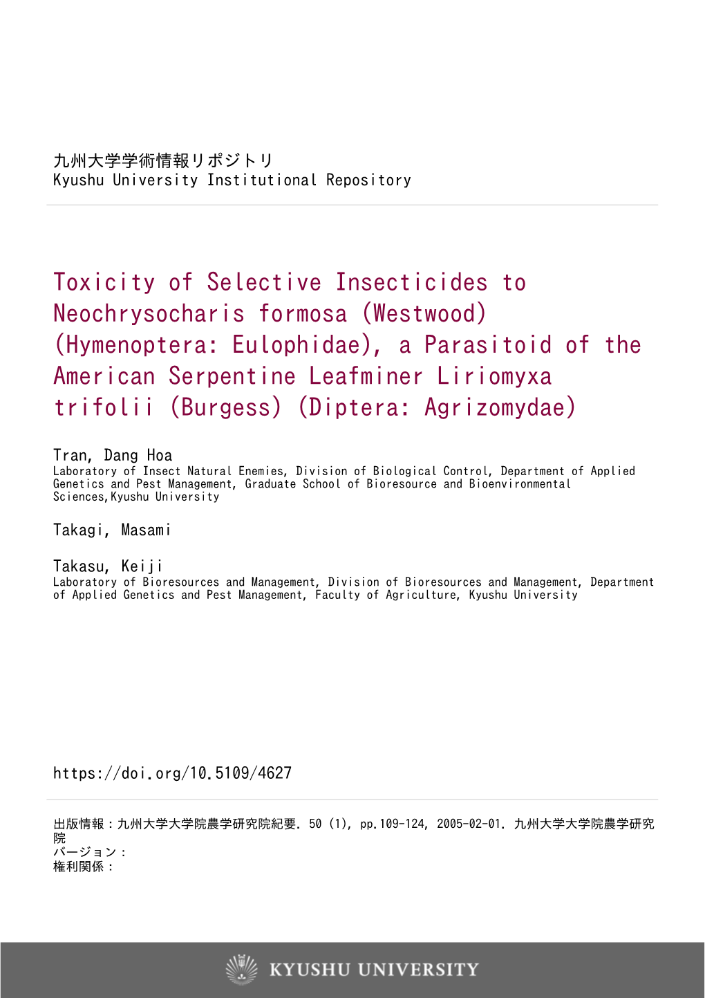 Toxicity of Selective Insecticides to Neochrysocharis