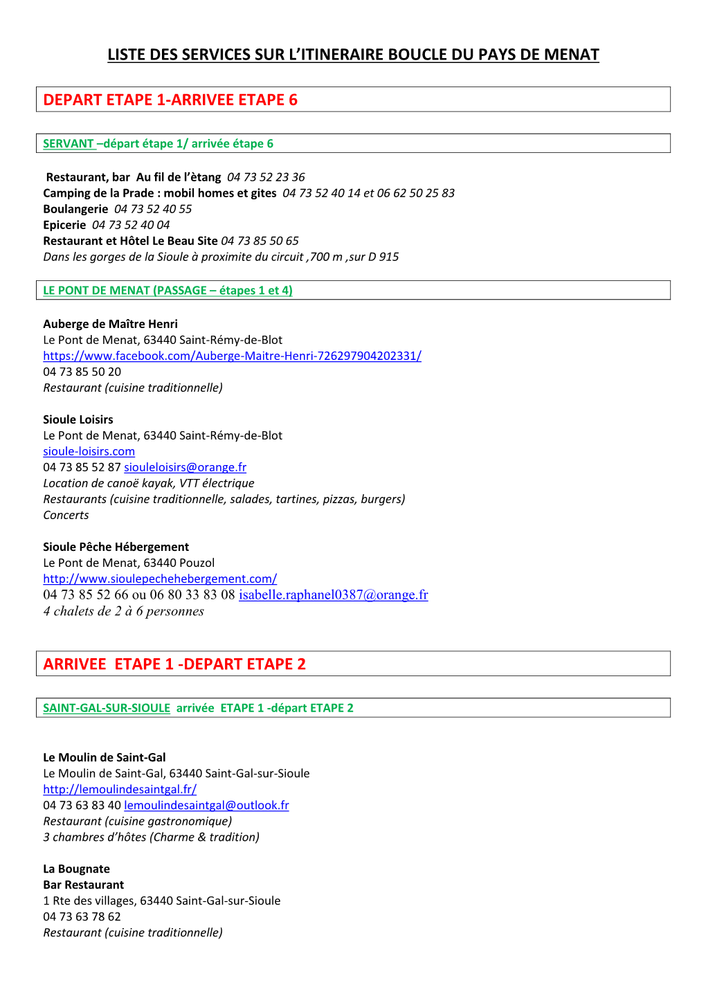 Liste Des Services Sur L'itineraire Boucle Du Pays De Menat