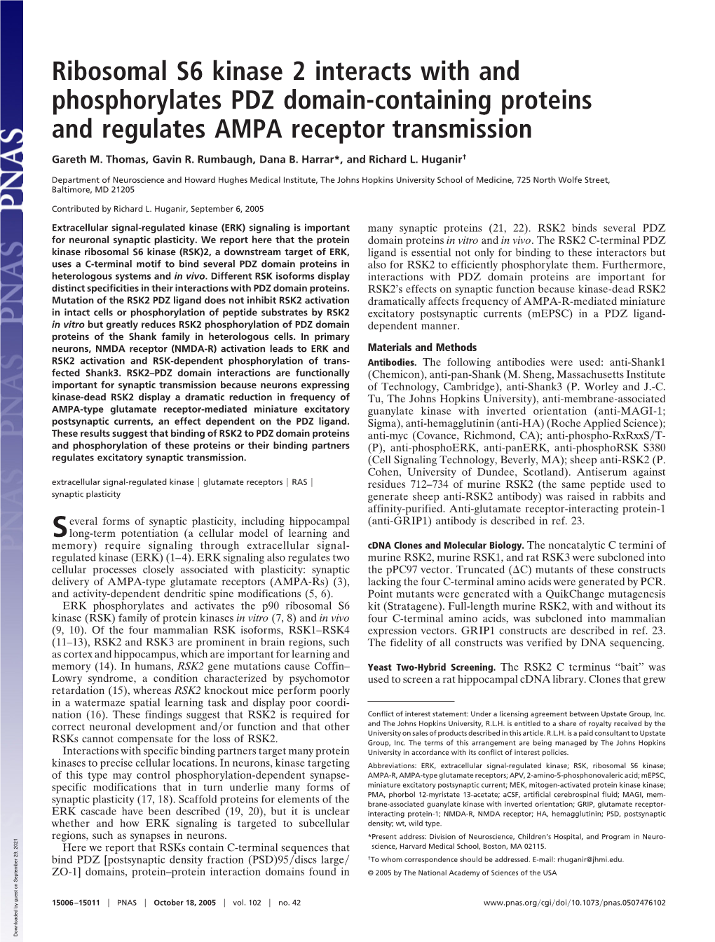 Ribosomal S6 Kinase 2 Interacts with and Phosphorylates PDZ Domain-Containing Proteins and Regulates AMPA Receptor Transmission