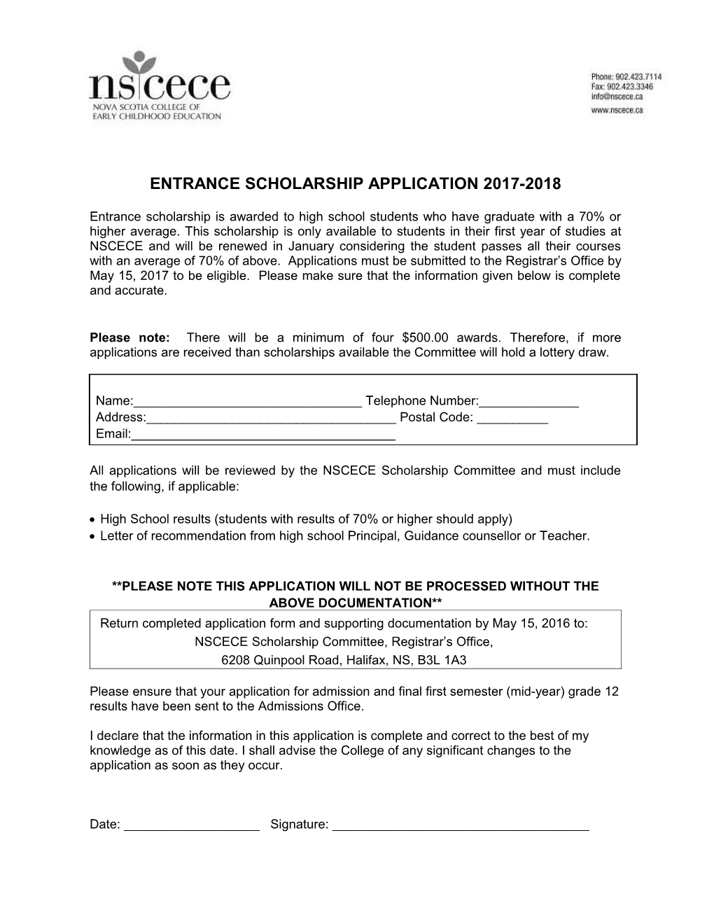 Entrance Scholarship Application 2017-2018