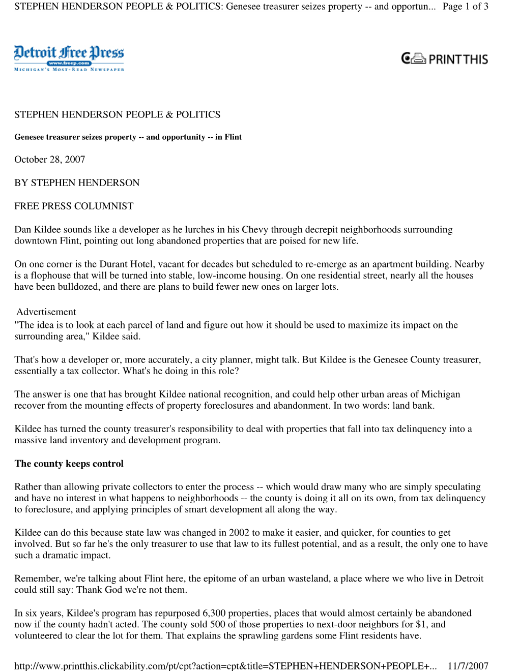 STEPHEN HENDERSON PEOPLE & POLITICS October 28, 2007 by STEPHEN HENDERSON FREE PRESS COLUMNIST Dan Kildee Sounds Like a Deve