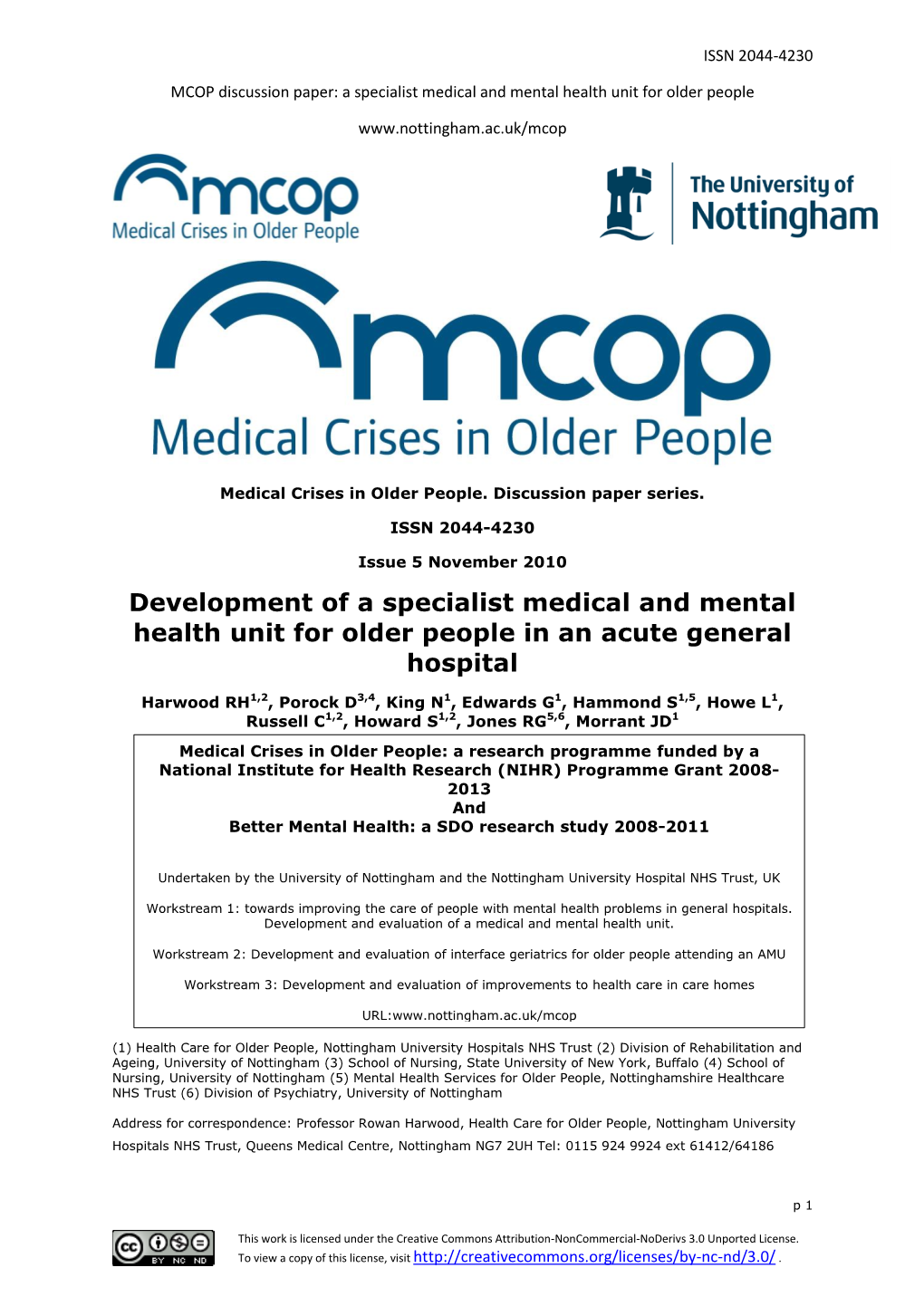 Development of a Specialist Medical and Mental Health Unit for Older People in an Acute General Hospital