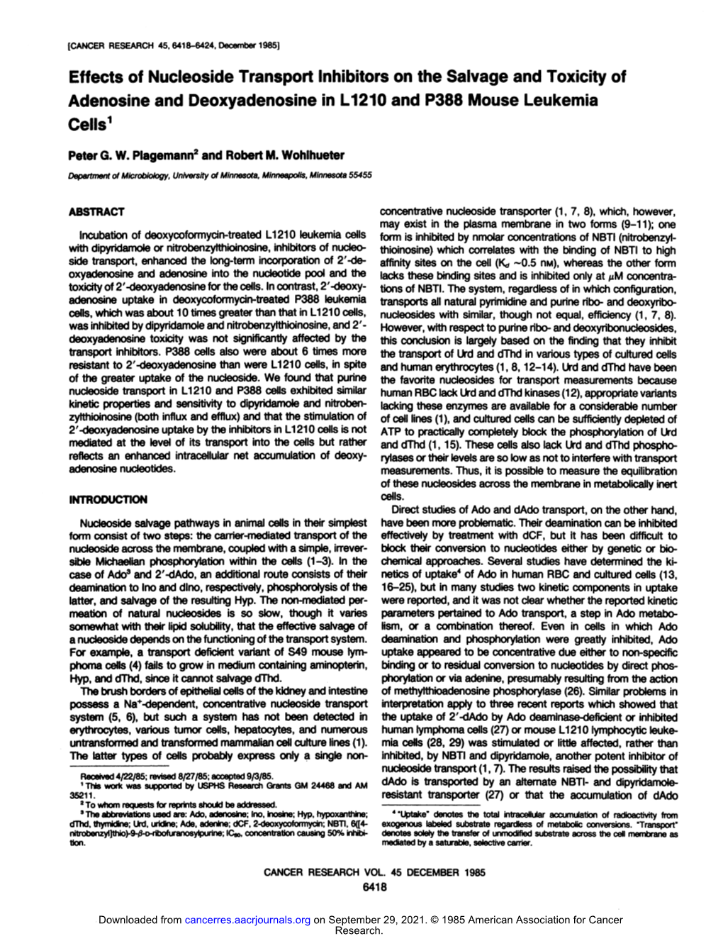 Effects of Nucleoside Transport Inhibitors on the Salvage and Toxicity of Adenosine and Deoxyadenosine in L1210 and P388 Mouse Leukemia Cells1