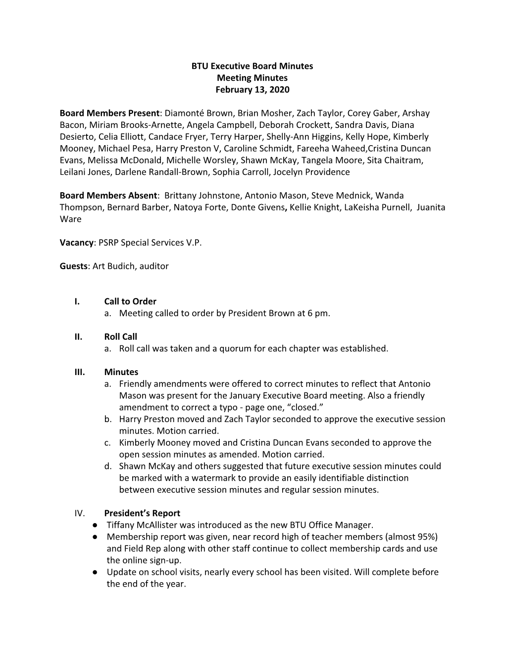 BTU Executive Board Minutes Meeting Minutes February 13, 2020