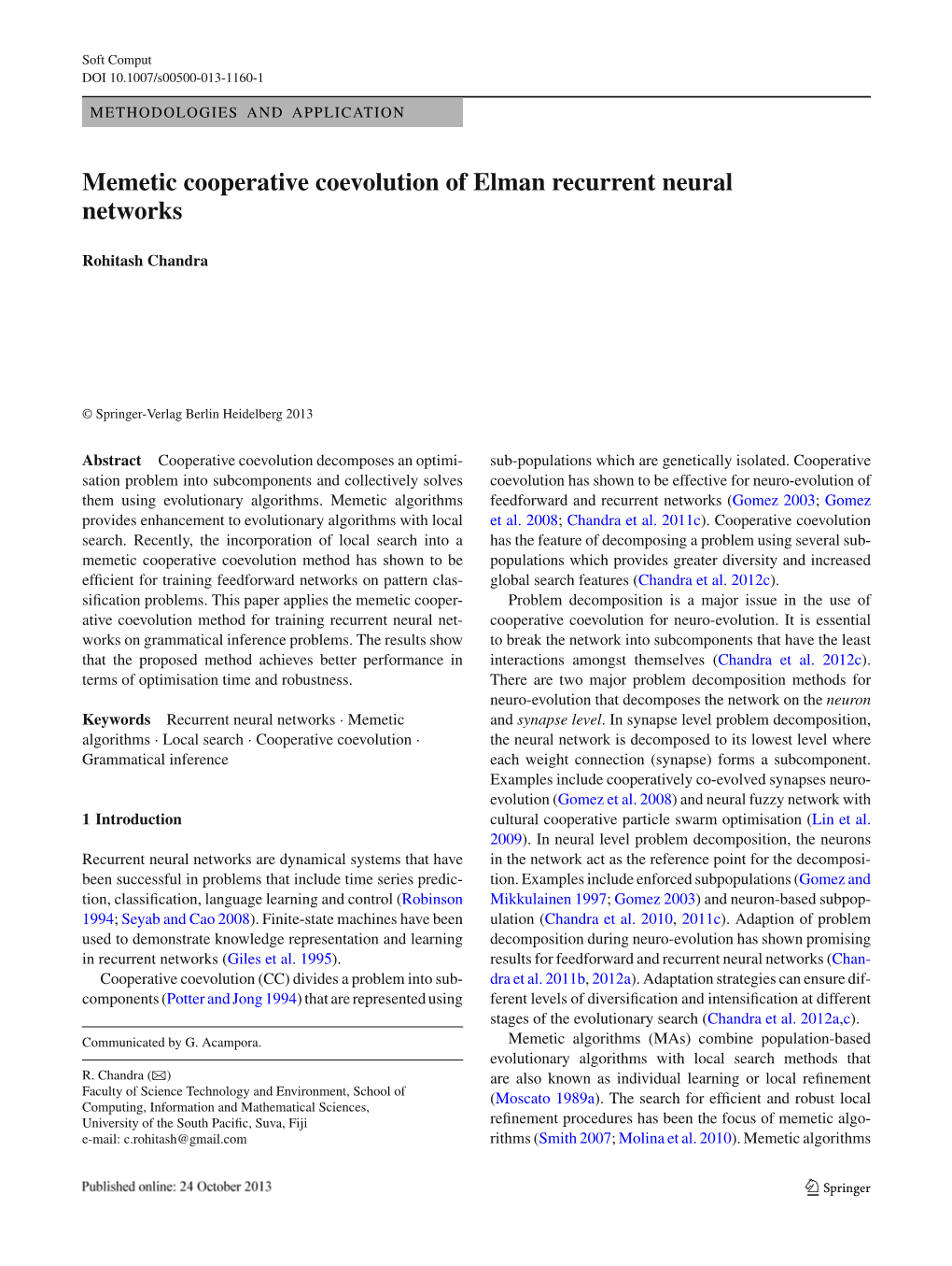 Memetic Cooperative Coevolution of Elman Recurrent Neural Networks