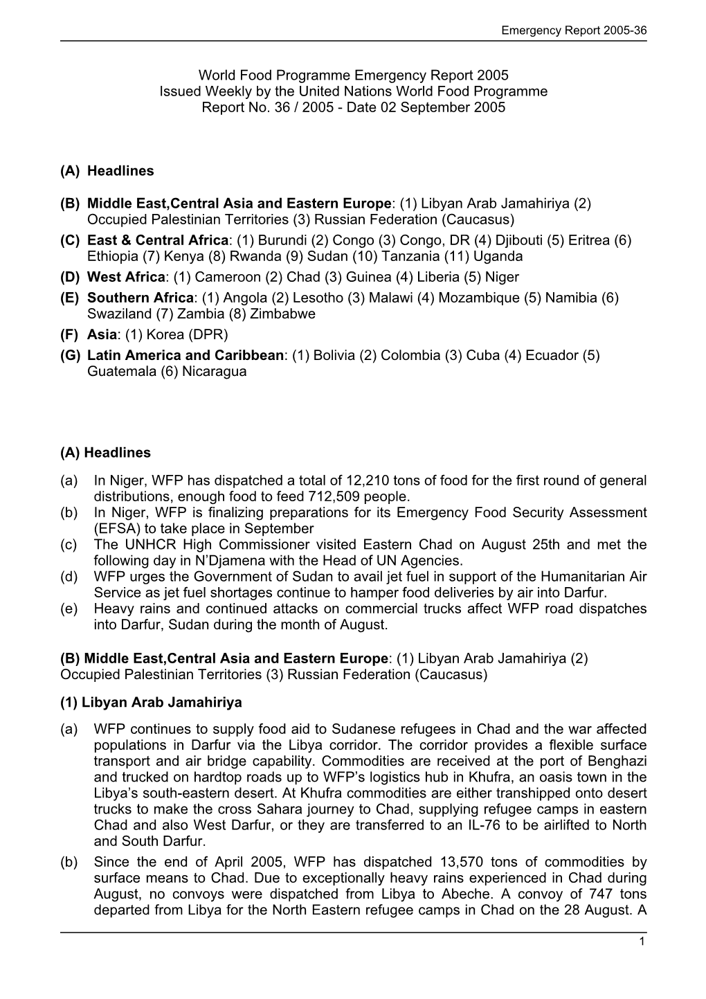 World Food Programme Emergency Report 2005 Issued Weekly by the United Nations World Food Programme Report No