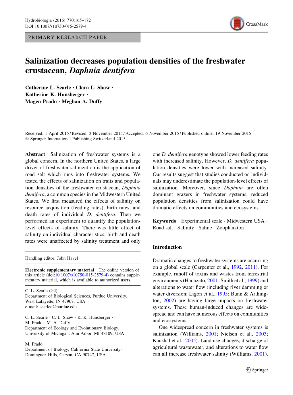 Salinization Decreases Population Densities of the Freshwater Crustacean, Daphnia Dentifera