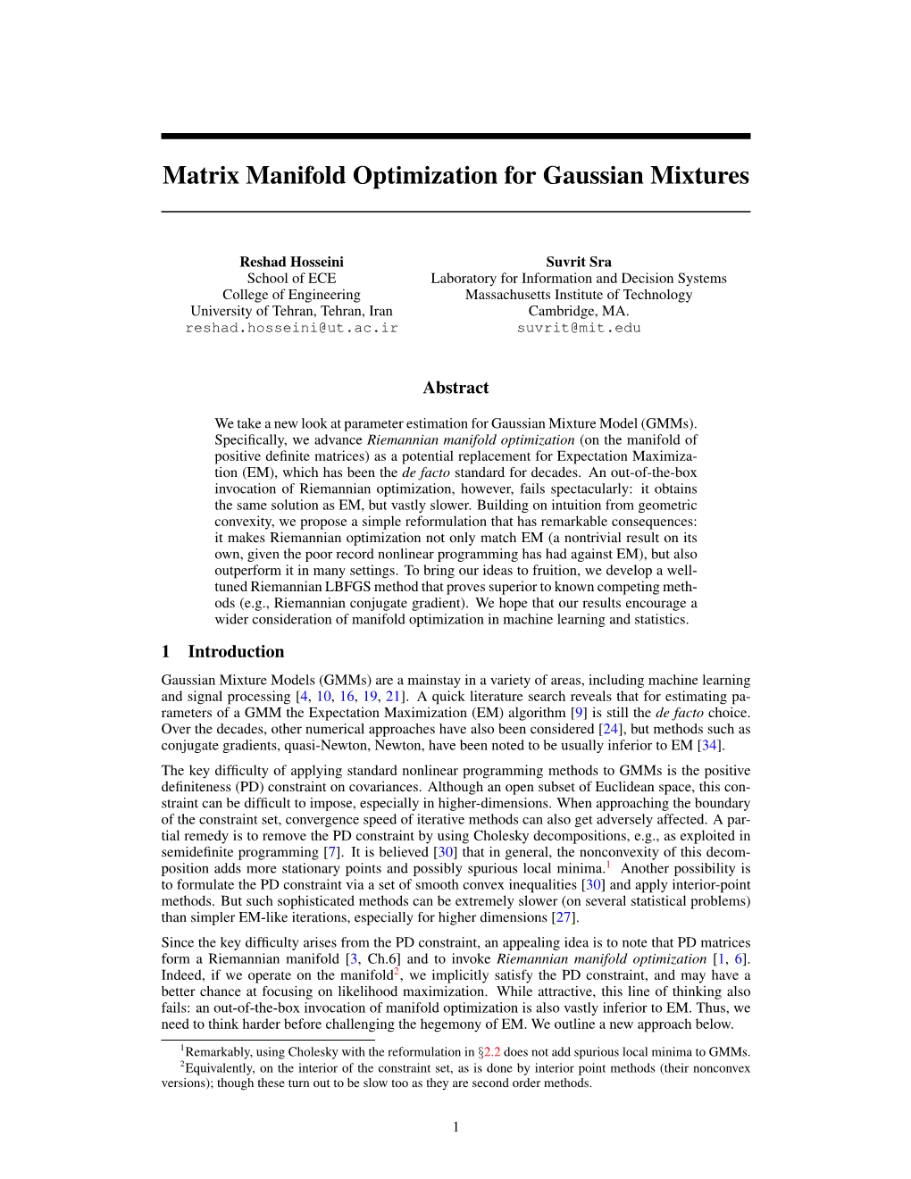 Matrix Manifold Optimization for Gaussian Mixtures