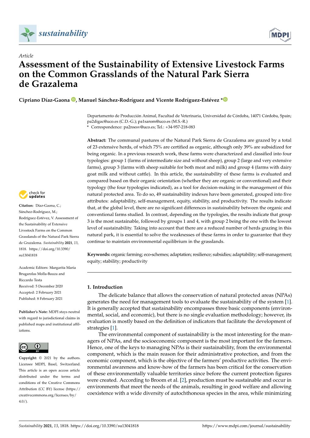 Assessment of the Sustainability of Extensive Livestock Farms on the Common Grasslands of the Natural Park Sierra De Grazalema