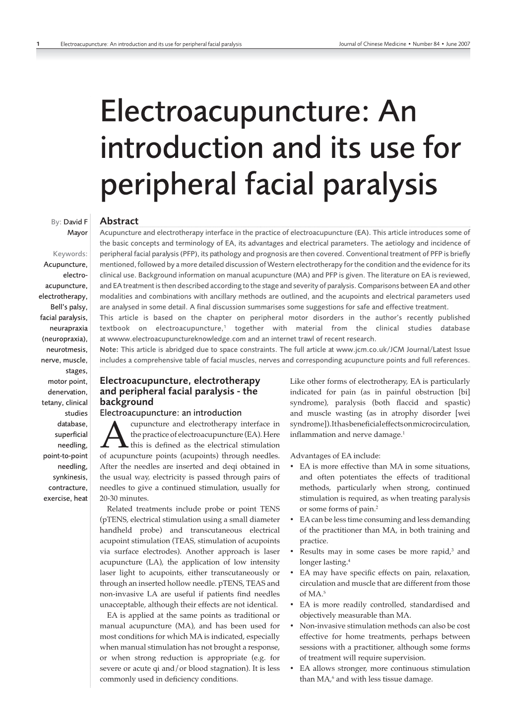 Electroacupuncture: an Introduction and Its Use for Peripheral Facial Paralysis Journal of Chinese Medicine • Number 84 • June 2007