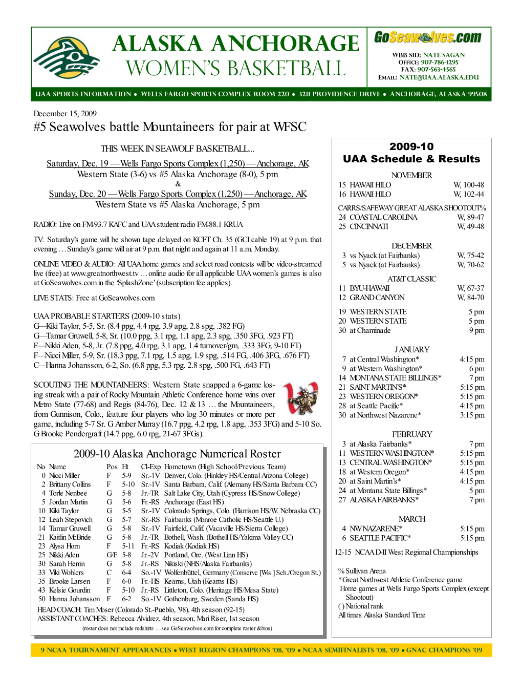 ALASKA ANCHORAGE WBB SID: NATE SAGAN Office: 907-786-1295 FAX: 907-563-4565 WOMEN’S BASKETBALL Email: NATE@Uaa.Alaska.Edu