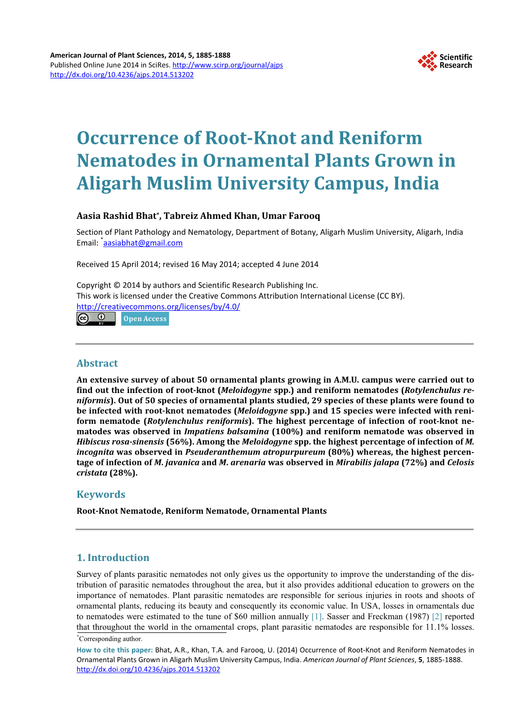 Occurrence of Root-Knot and Reniform Nematodes in Ornamental Plants Grown in Aligarh Muslim University Campus, India