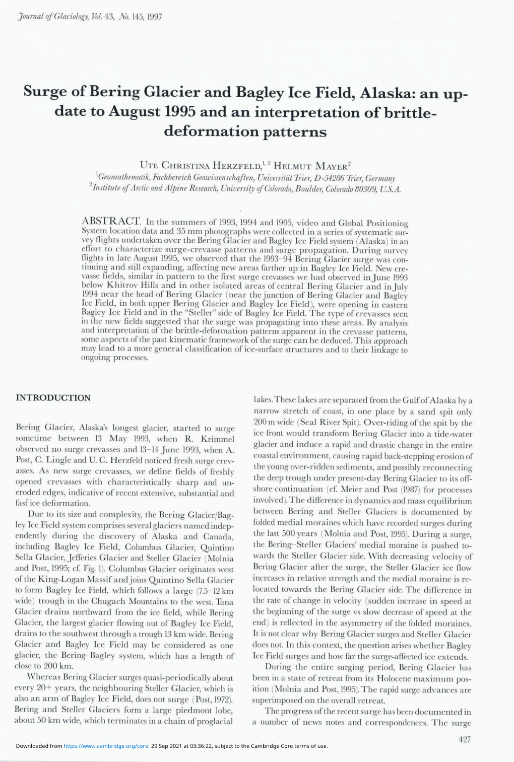 Surge of Bering Glacier and Bagley Ice Field, Alaska: an Up­ Date to August 1995 and an Interpretation of Brittle­ Deformation Patterns