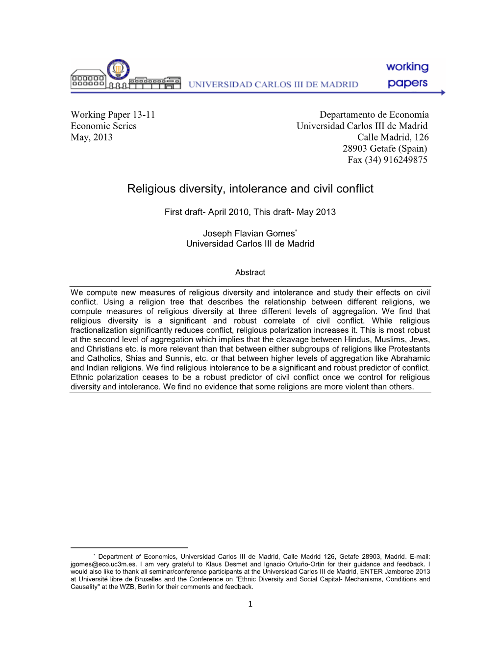 Religious Diversity, Intolerance and Civil Conflict