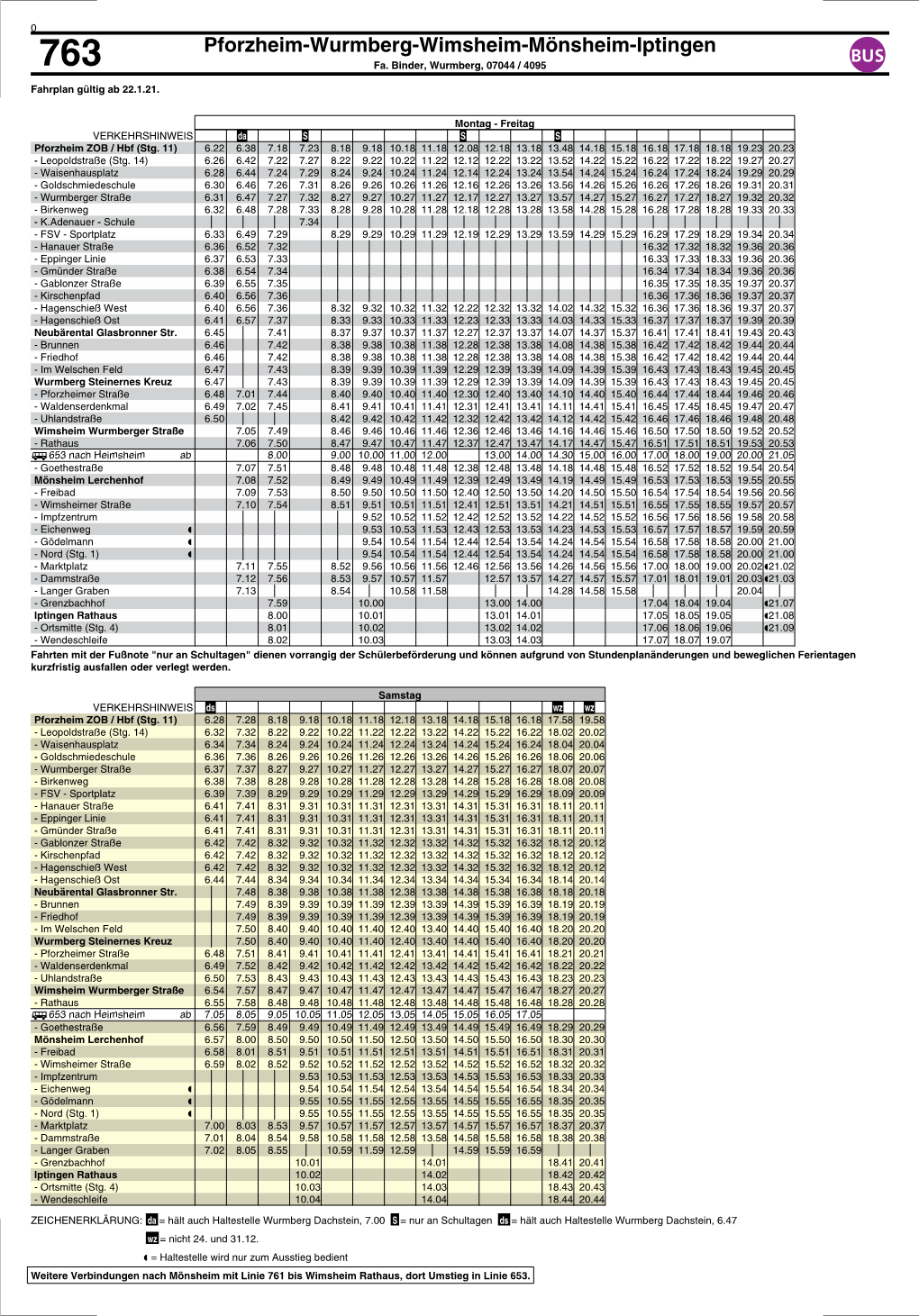 Pforzheim-Wurmberg-Wimsheim-Mönsheim-Iptingen BUS 763 Fa