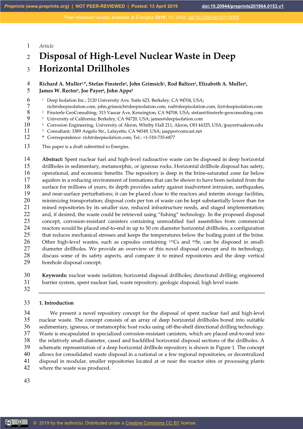 Disposal of High-Level Nuclear Waste in Deep Horizontal