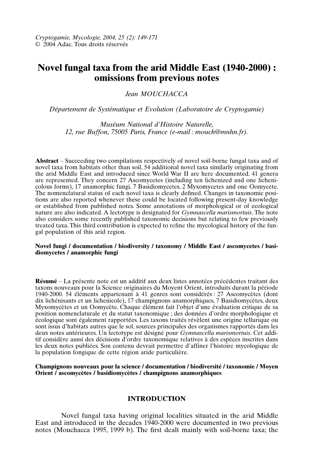 Novel Fungal Taxa from the Arid Middle East (1940-2000) : Omissions from Previous Notes