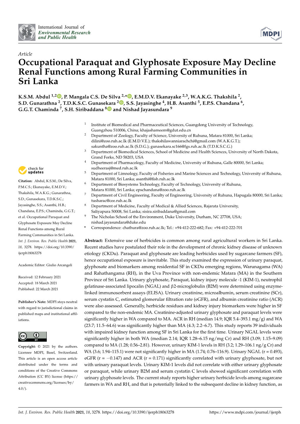 Occupational Paraquat and Glyphosate Exposure May Decline Renal Functions Among Rural Farming Communities in Sri Lanka