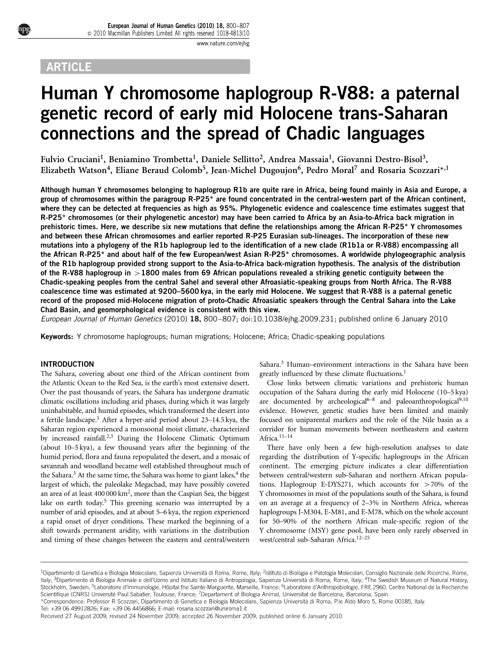 Human Y Chromosome Haplogroup R-V88: a Paternal Genetic Record of Early Mid Holocene Trans-Saharan Connections and the Spread of Chadic Languages