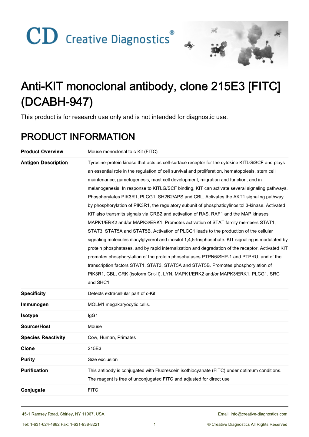 Anti-KIT Monoclonal Antibody, Clone 215E3 [FITC] (DCABH-947) This Product Is for Research Use Only and Is Not Intended for Diagnostic Use