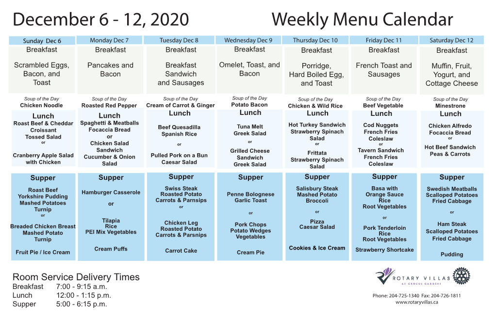 12, 2020 Weekly Menu Calendar